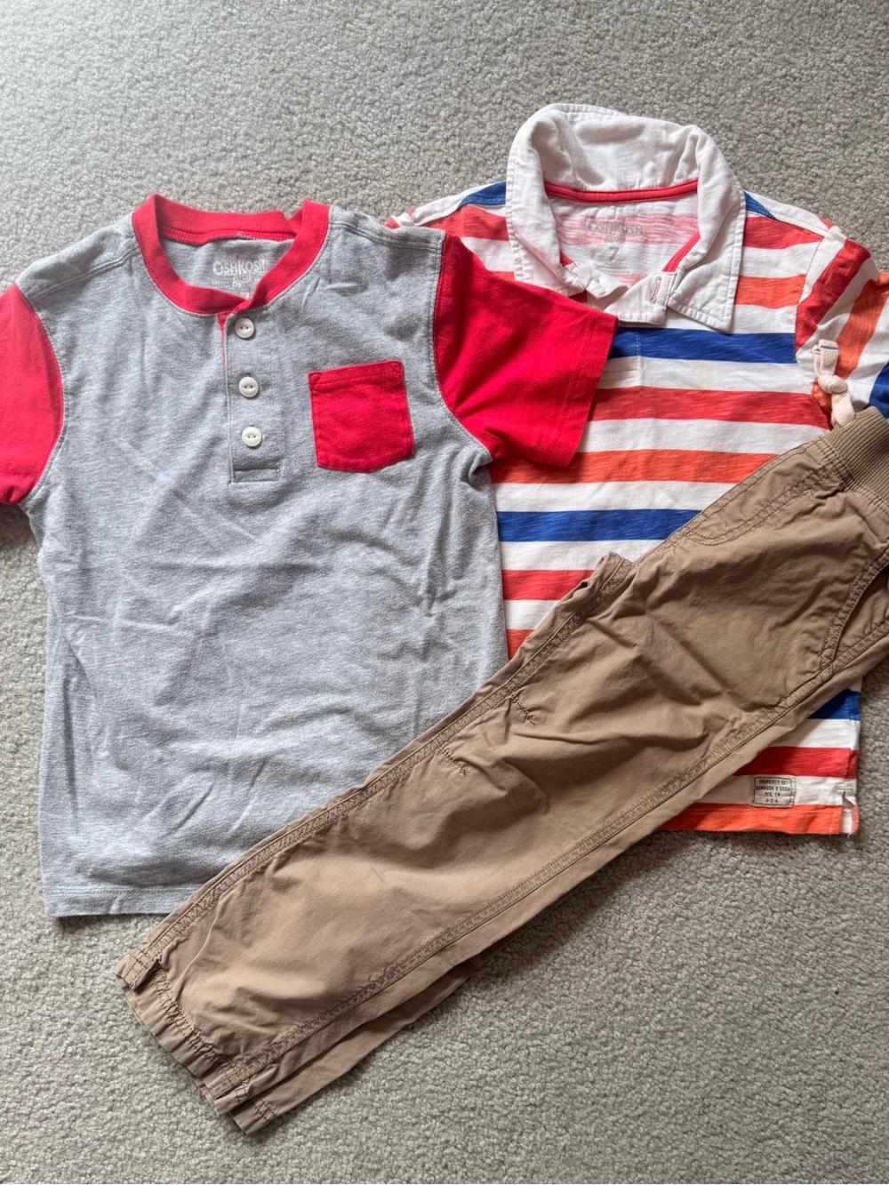 Boys Size 7 Carter's, Osh Kosh B’ Gosh Button Tee with Pants 3 Piece Lot